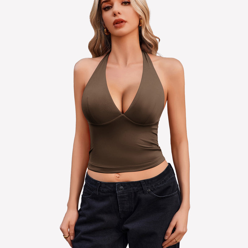 Brown halter crop top with plunging V-neck. Backless design, nylon-spandex blend.