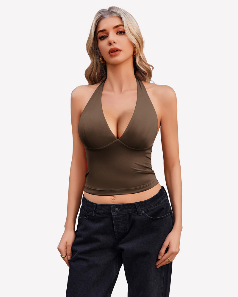 Brown halter crop top with plunging V-neck. Backless design, nylon-spandex blend.