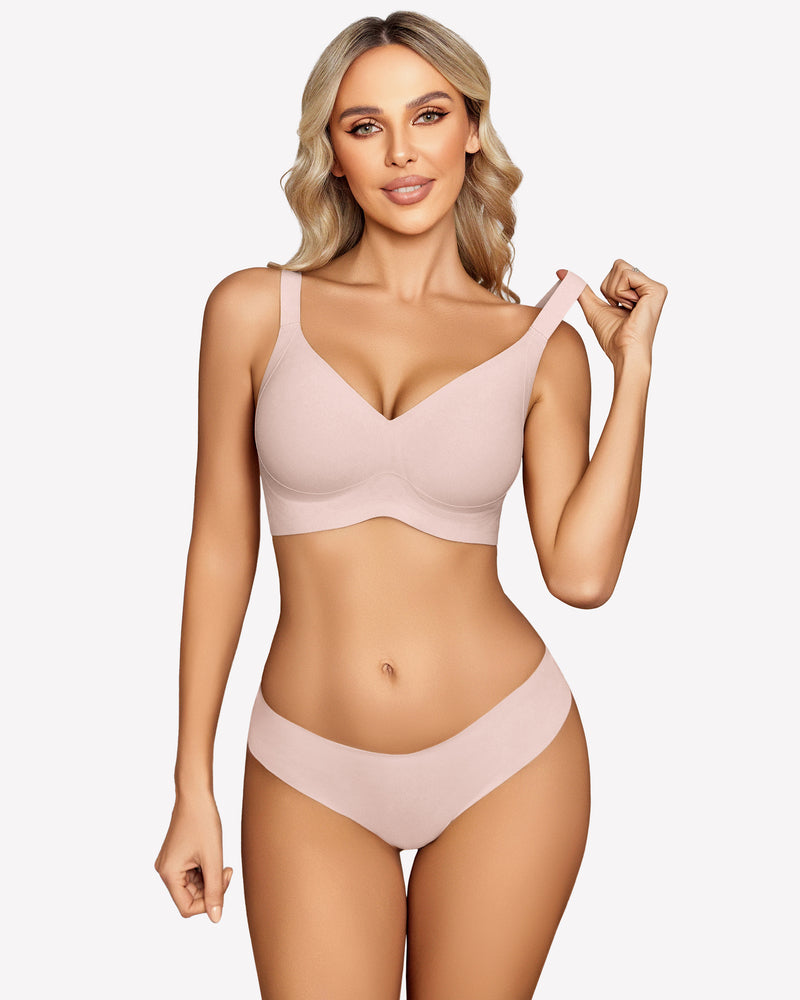 Seamless push-up bra and underwear set in blush pink, offering a smooth, comfortable fit for women.