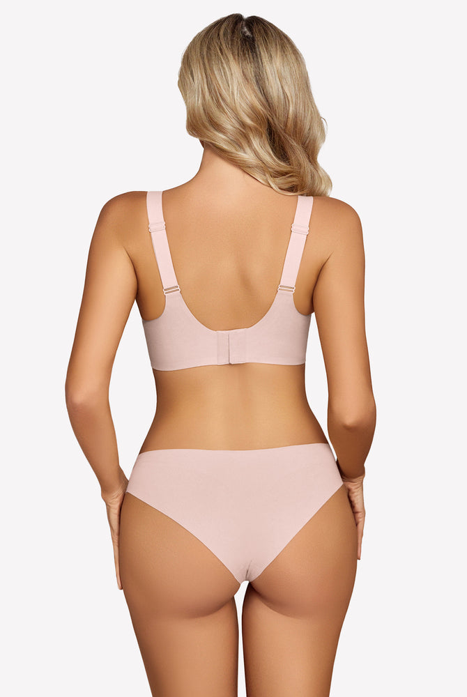Seamless blush pink bra and underwear set. Smooth, comfortable fit. No underwire, silky feel.