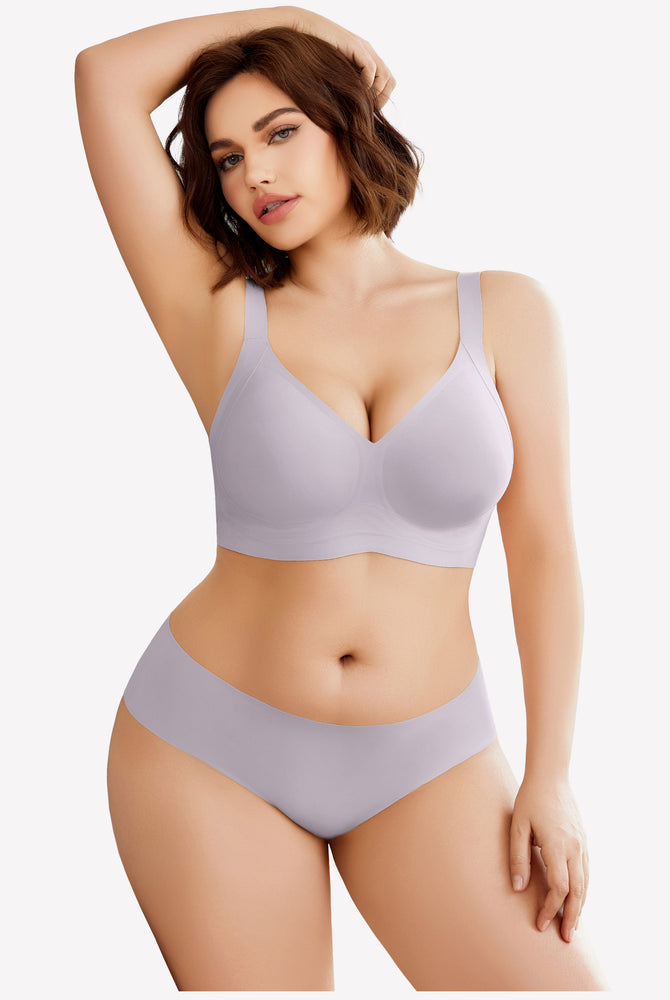 Seamless light purple bra and underwear set. Smooth, comfortable fit, no underwire design.