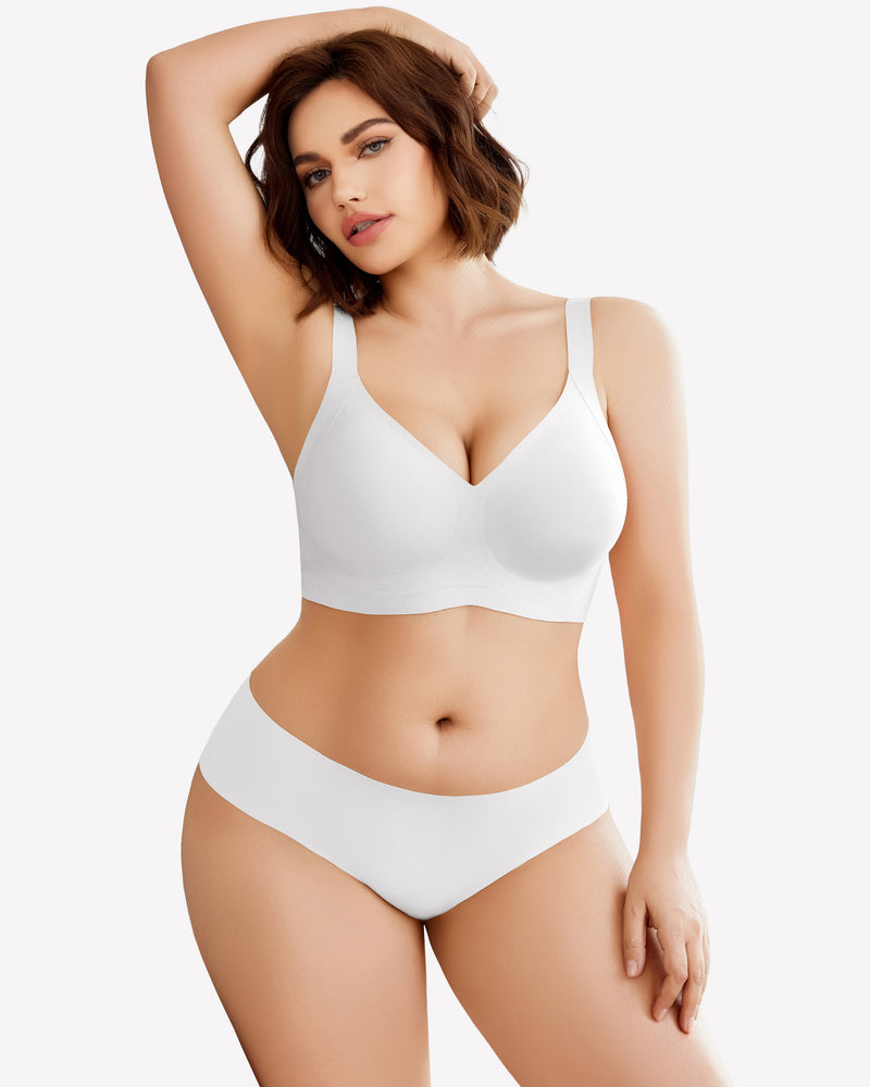 Seamless white bra and underwear set. Comfortable, no underwire design. Perfect for everyday wear.