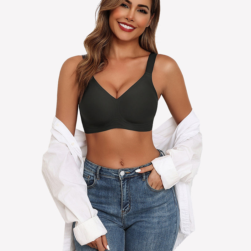 Black seamless push-up wireless bra, full coverage, comfortable support, paired with jeans