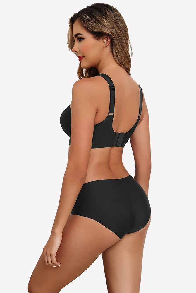 Black seamless push-up wireless bra and boy shorts set, full coverage, comfortable support