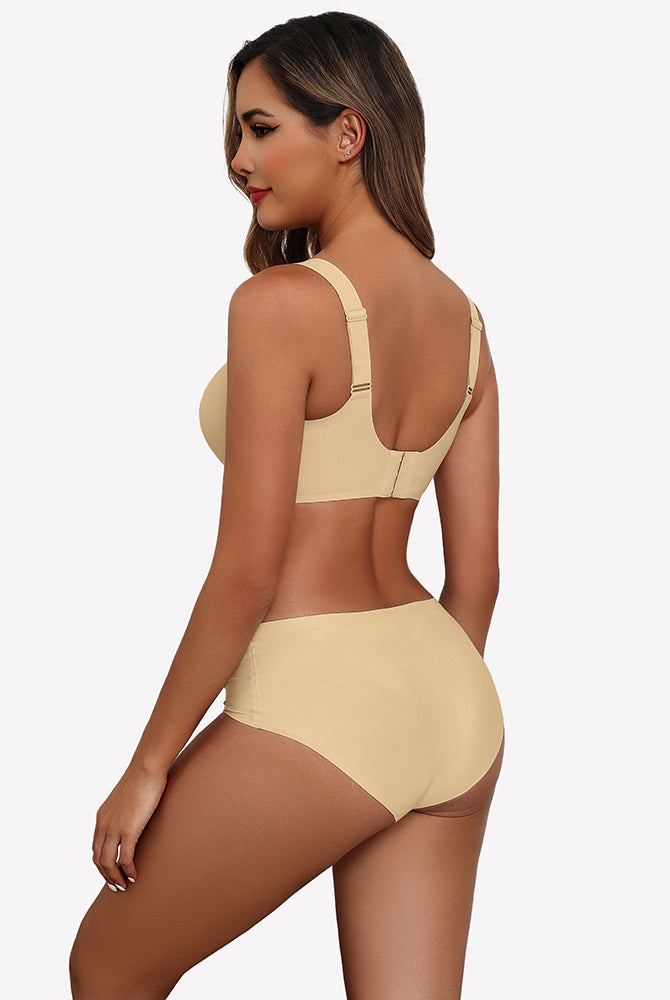 Beige seamless push-up wireless bra and boy shorts set, full coverage, comfortable support