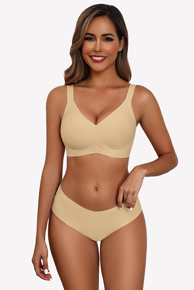 Beige seamless push-up wireless bra and boy shorts set, comfortable full coverage
