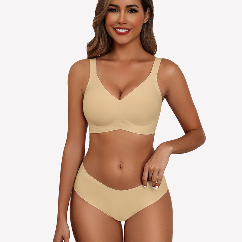 Beige seamless push-up wireless bra and boy shorts set, comfortable full coverage