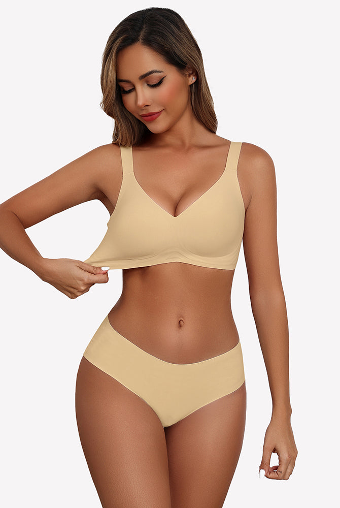 Seamless beige push-up wireless bra and boy shorts set, full coverage, comfortable