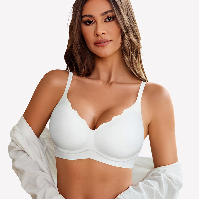 White seamless push-up wireless full bra with scalloped V-neck design, comfortable and supportive