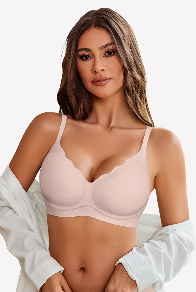 Nude seamless push up wireless full bra with scalloped V-neck design, comfortable and supportive