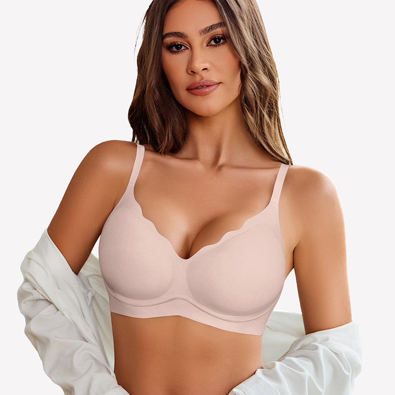Nude seamless push up wireless full bra with scalloped V-neck design, comfortable and supportive