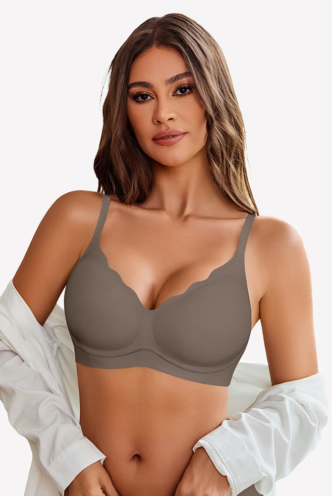 Taupe seamless push-up wireless bra with scalloped V-neck, comfortable and supportive.