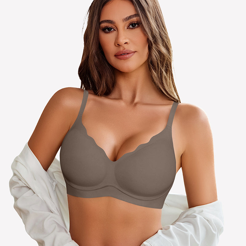 Taupe seamless push-up wireless bra with scalloped V-neck, comfortable and supportive.