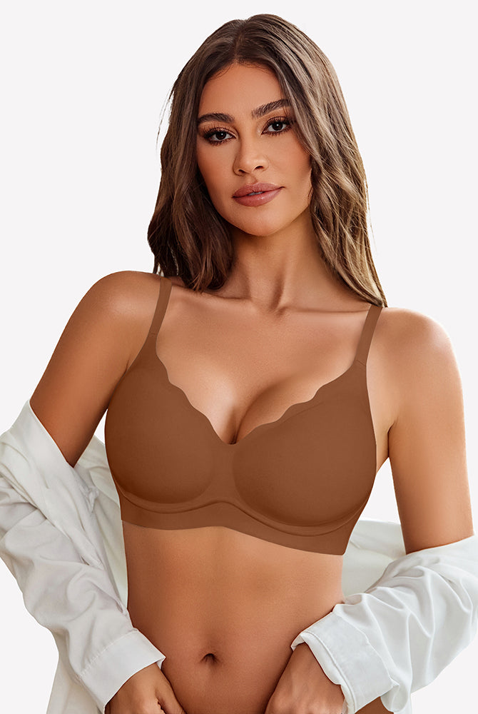Taupe seamless push-up wireless bra with scalloped V-neck, comfortable and supportive