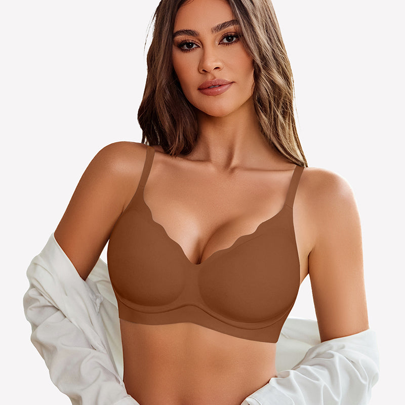 Taupe seamless push-up wireless bra with scalloped V-neck, comfortable and supportive
