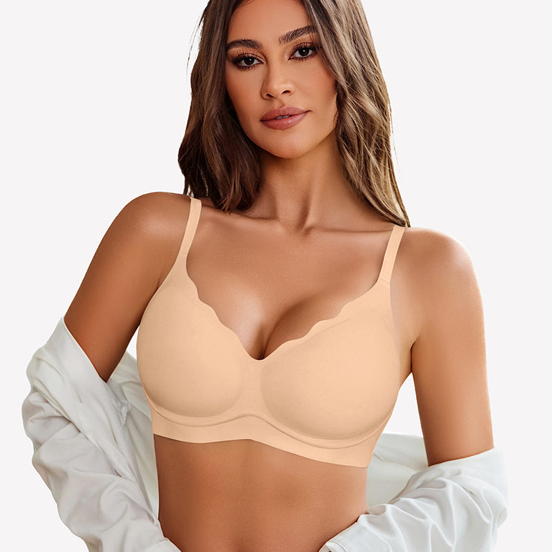 Beige seamless push-up wireless bra with scalloped V-neck design, comfortable and supportive.