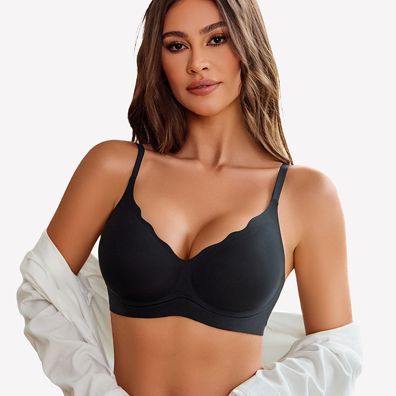 Black seamless push-up wireless bra with scalloped V-neck design, comfortable and supportive