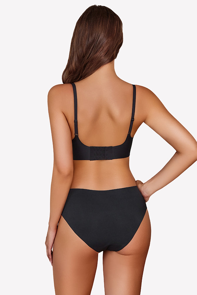 Black seamless push-up wireless bra with scalloped V-neck and matching underwear set