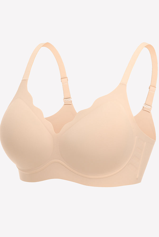 Beige seamless push-up wireless full bra with scalloped V-neck design and adjustable straps