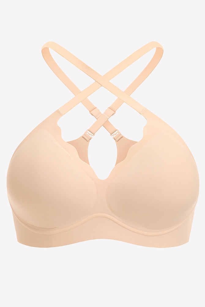 Beige wireless push-up bra with scalloped V-neck, adjustable straps