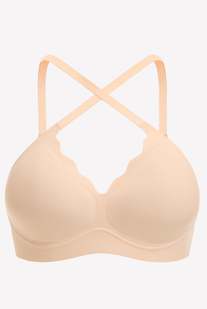 Seamless beige push-up wireless bra with scalloped V-neck and adjustable straps