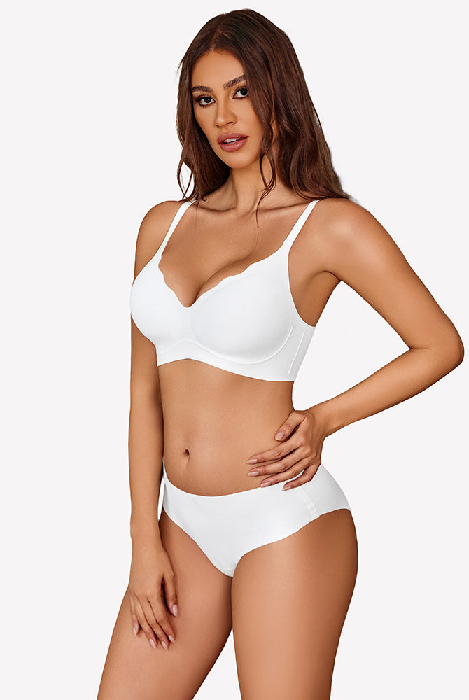 Seamless white push-up wireless bra with scalloped V-neck and matching underwear set