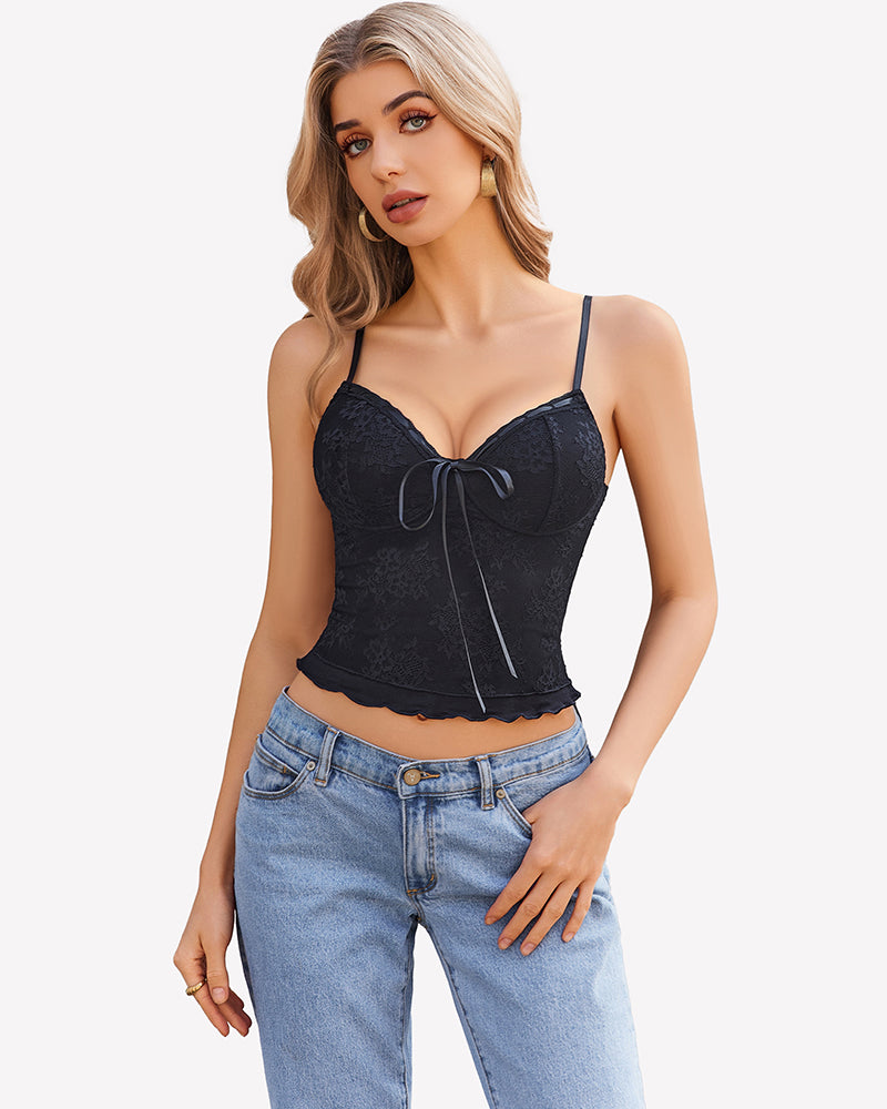 Black lace spaghetti-strap tank top with sweetheart neckline and front bow