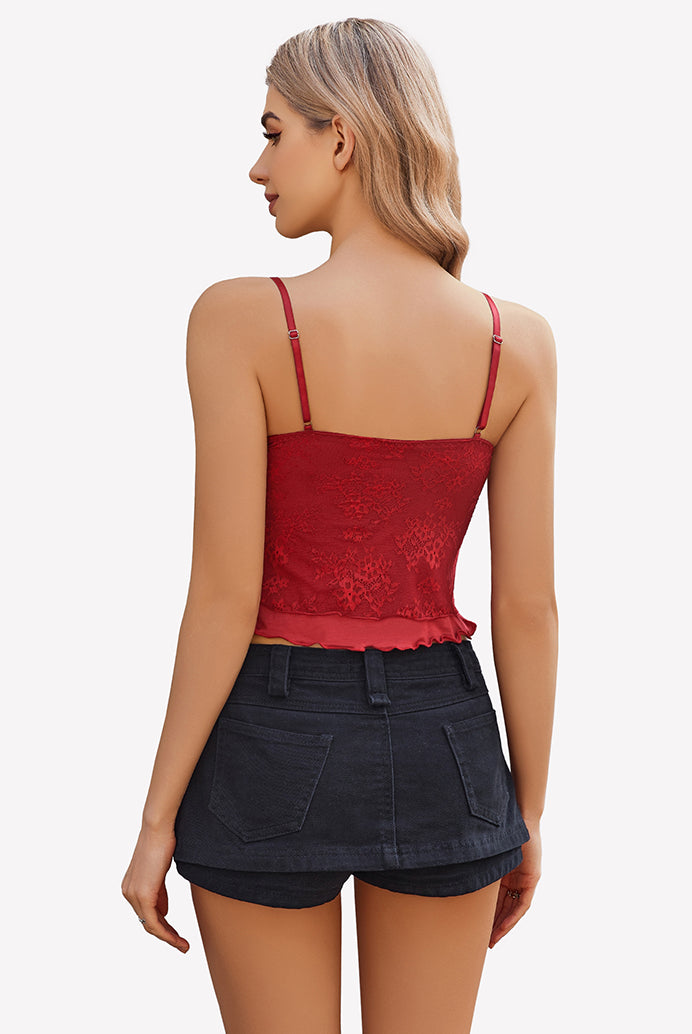 Red Y2k lace tank top with spaghetti straps and black denim shorts. Y2k lace top for women.