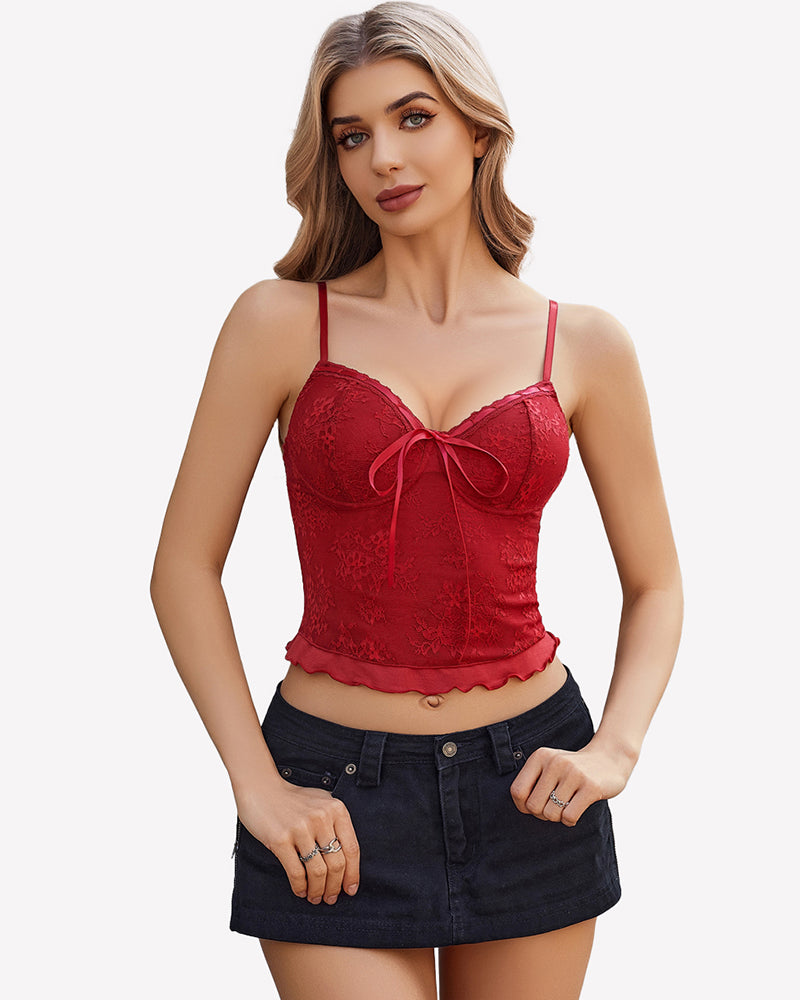 Red lace spaghetti-strap tank top with sweetheart neckline and front bow