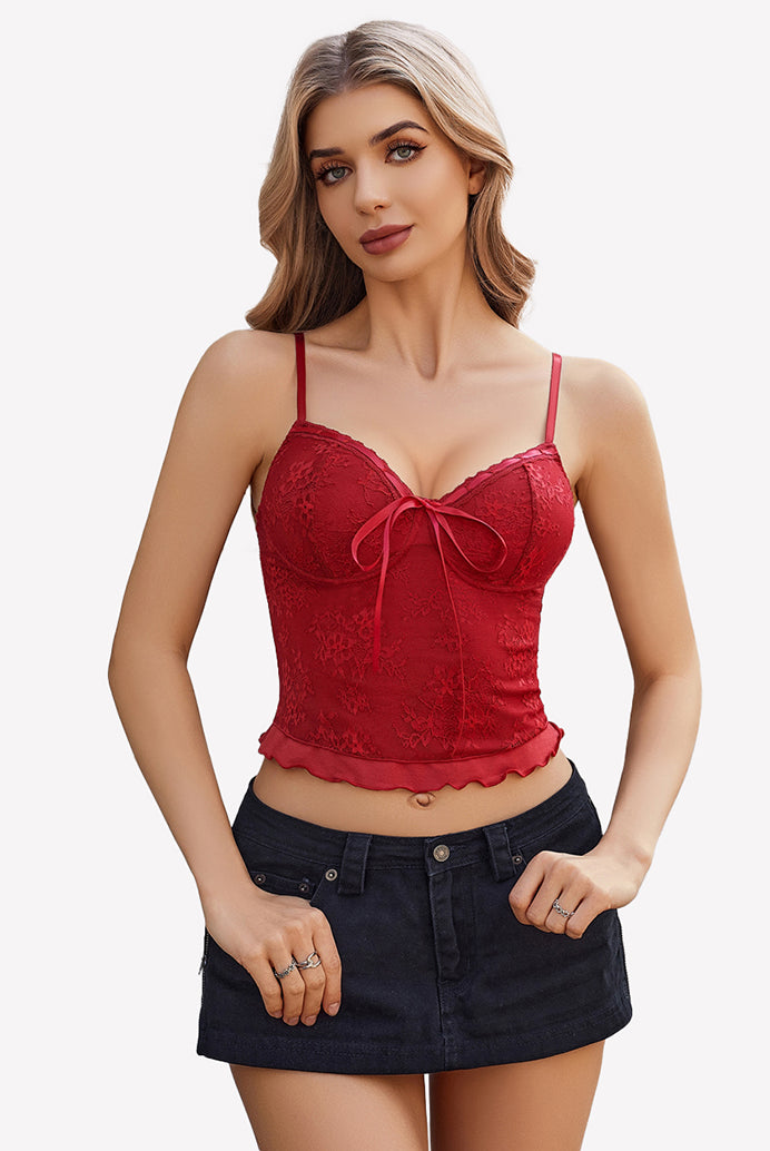 Red Y2k lace tank top with bow detail, perfect for going out. Spaghetti strap lace top for women.