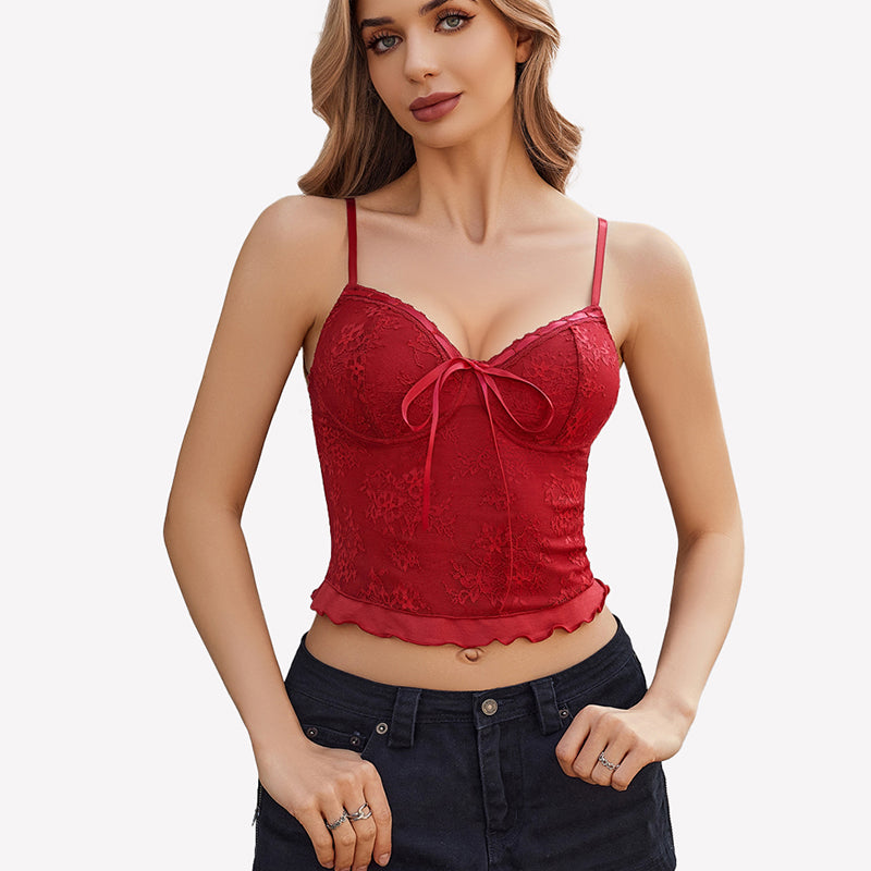 Red Y2k lace tank top with bow detail, perfect for going out. Spaghetti strap lace top for women.