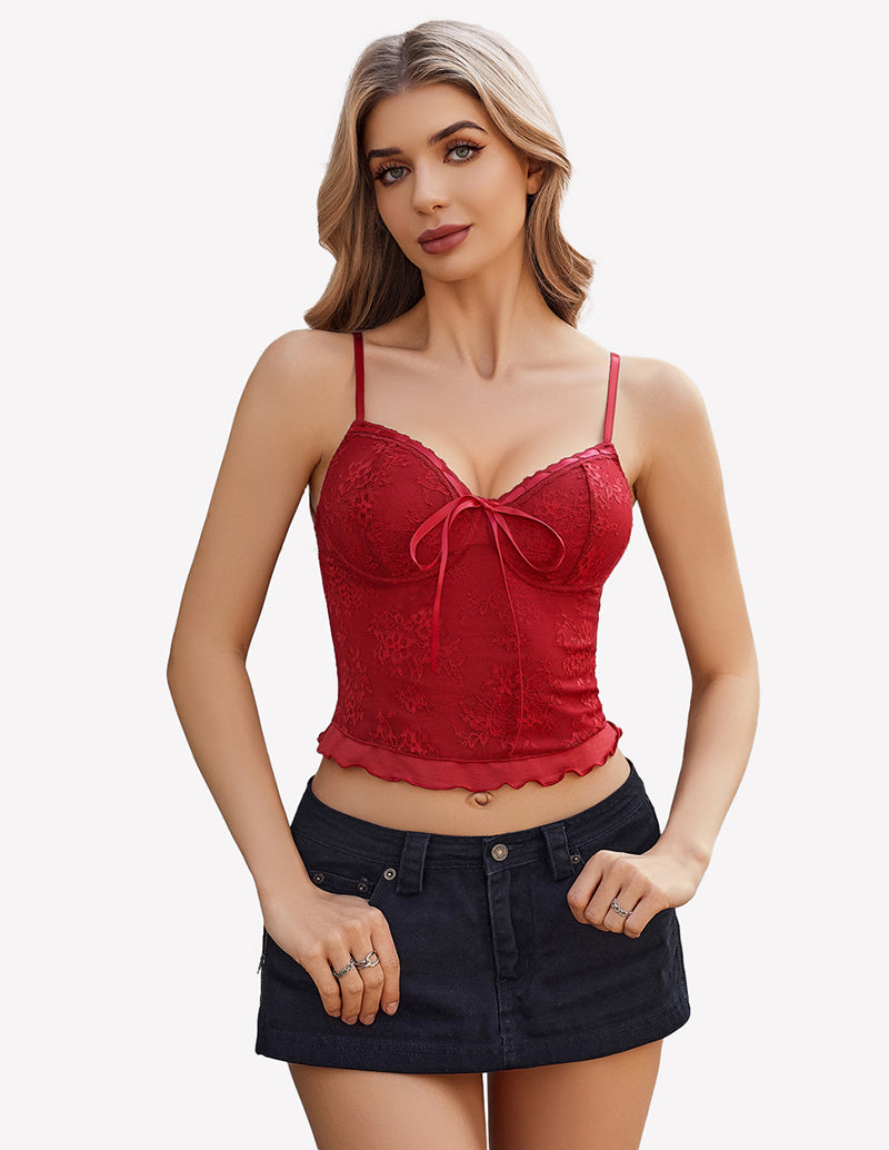 Red Y2k lace tank top with bow detail, perfect for going out. Spaghetti strap lace top for women.