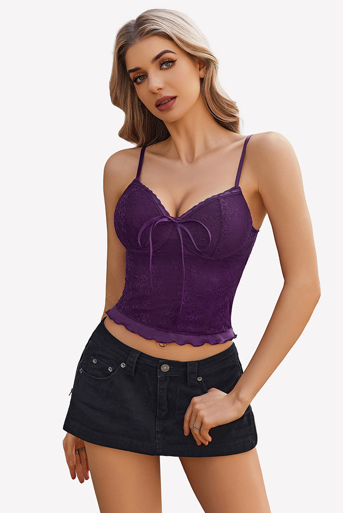 Purple Y2k lace tank top with bow detail, Y2k style lace top for women, black denim skirt.