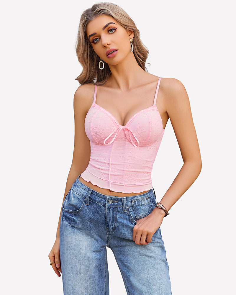 Light pink lace spaghetti-strap tank top with sweetheart neckline and front bow