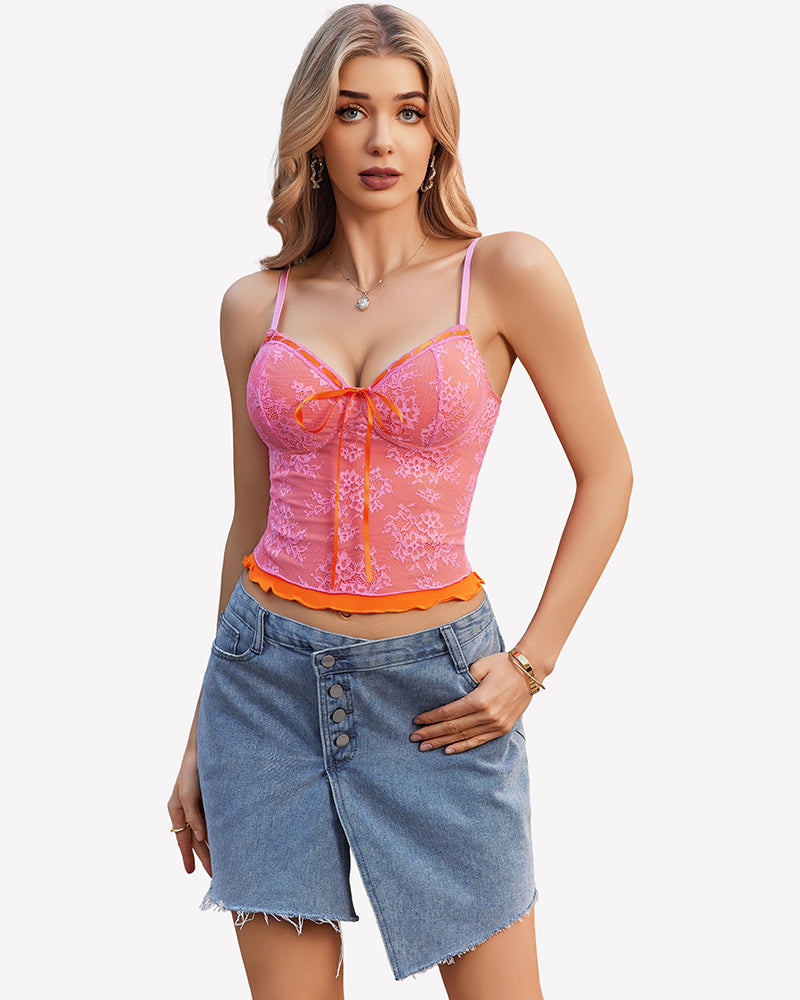 Pink lace tank top with spaghetti straps, tie-front bust and scalloped peplum hem.