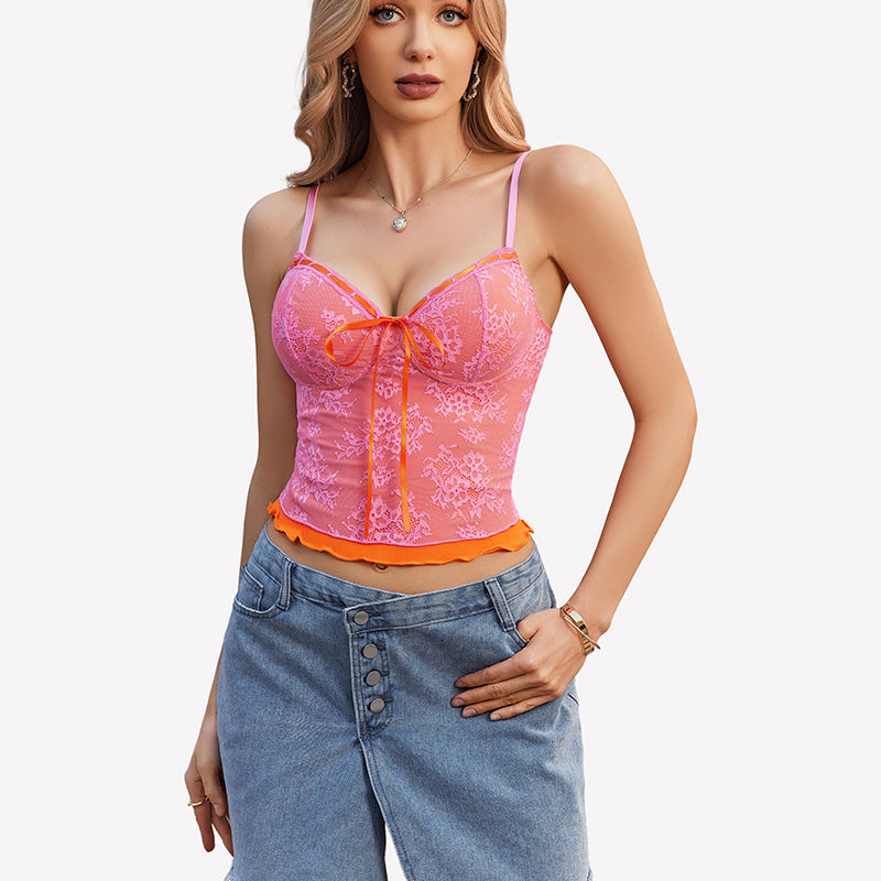 Pink Y2k lace tank top with bow detail and spaghetti straps, denim skirt. Y2k going out style.