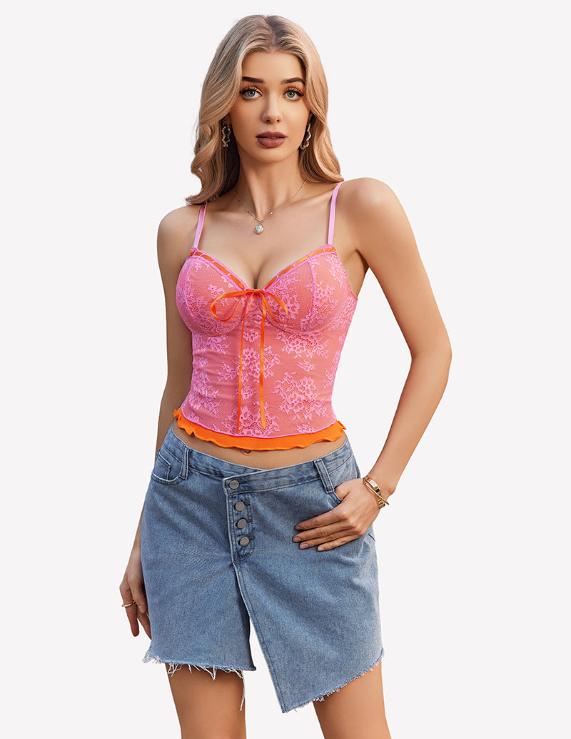 Pink Y2k lace tank top with bow detail and spaghetti straps, denim skirt. Y2k going out style.