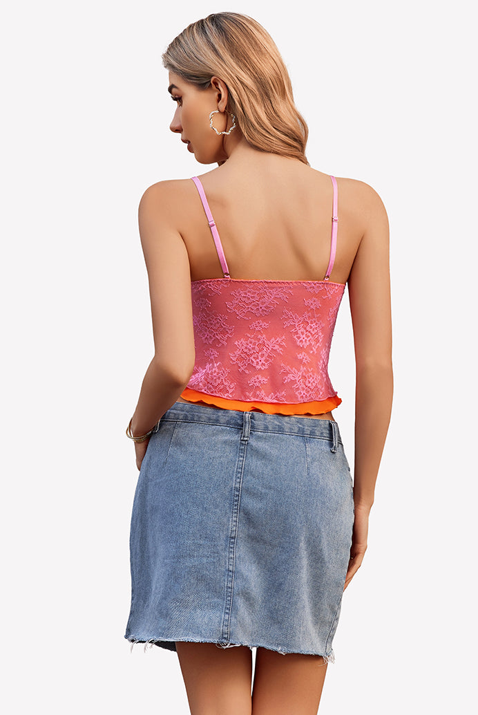 Pink Y2k lace tank top with spaghetti straps and denim skirt. Perfect for going out, summer style.