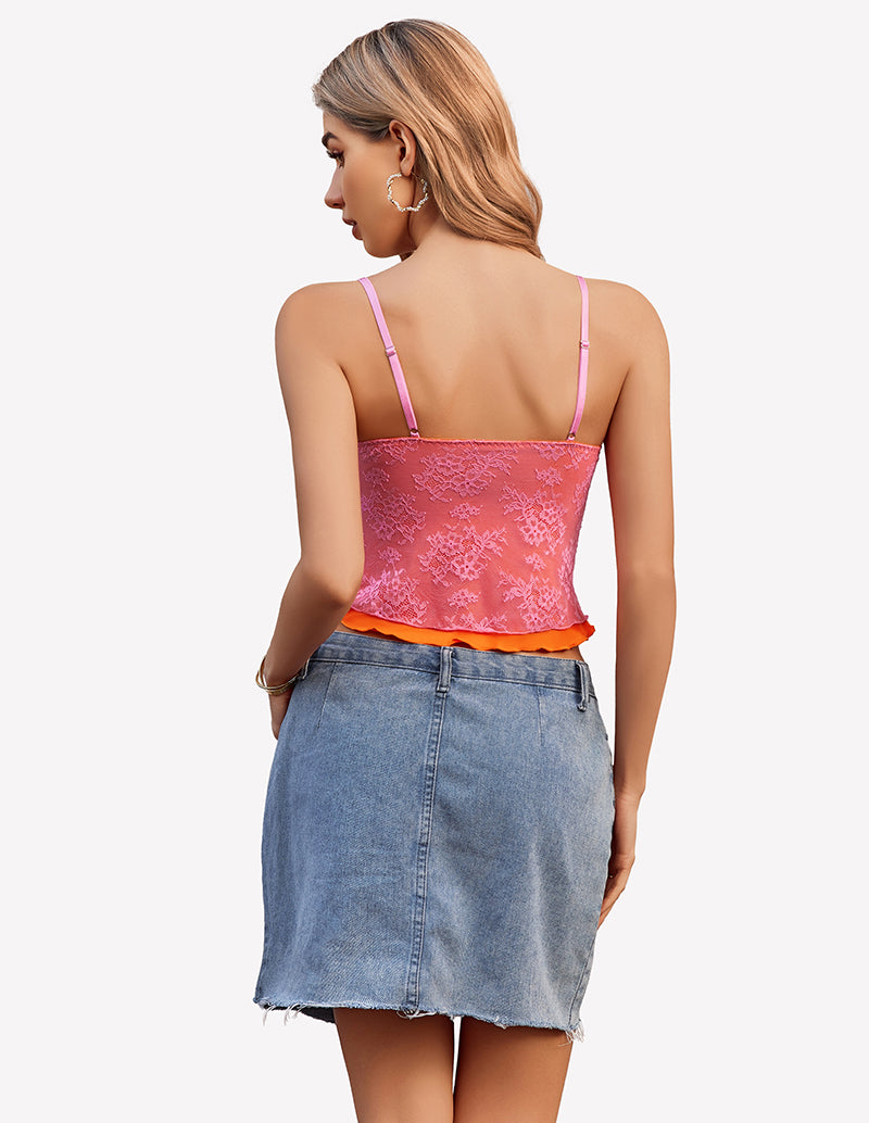 Pink Y2k lace tank top with spaghetti straps and denim skirt. Perfect for going out, summer style.