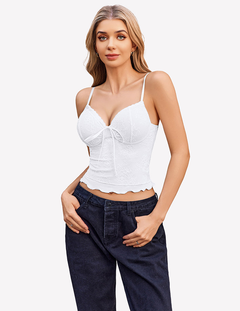 White Y2k lace tank top with bow detail, spaghetti straps, and dark wash jeans. Going out style.