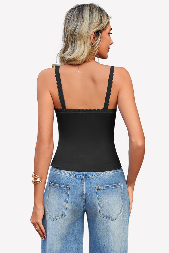 Black Y2k square neck lace trim tank top with lace detail, perfect for date nights and daily wear.