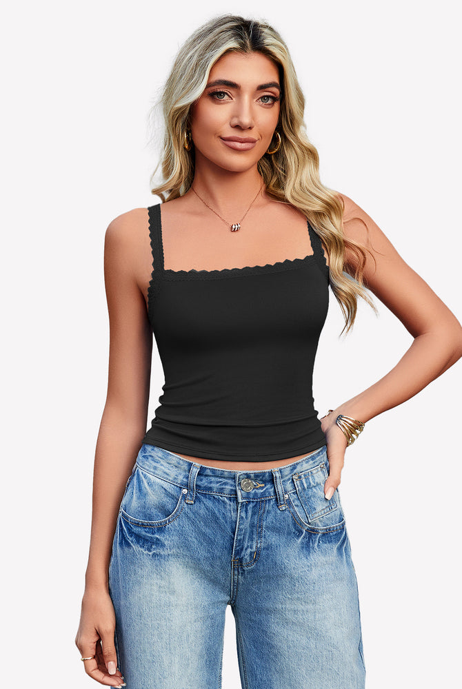 Black Y2k square neck lace trim tank top with lace detail, ideal for date nights and daily wear.