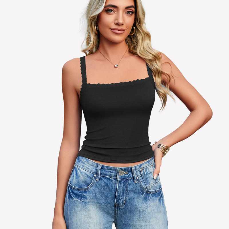 Black Y2k square neck lace trim tank top with lace detail, ideal for date nights and daily wear.