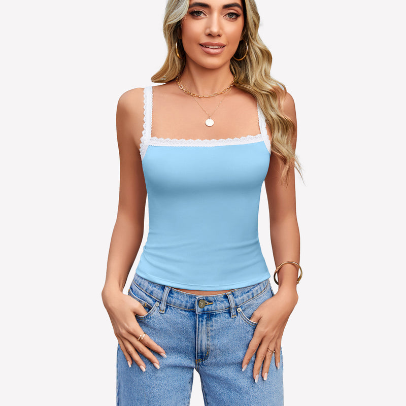 Light blue square neck lace trim tank top, perfect for daily wear and date nights