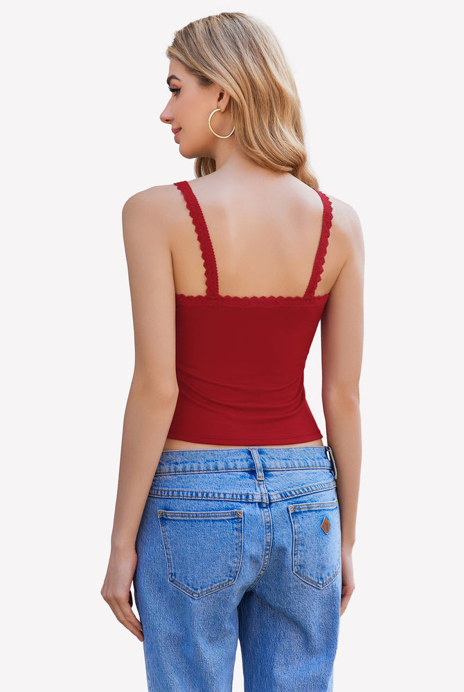 Red Y2k square neck lace trim tank top with lace detail, ideal for date nights and daily wear.