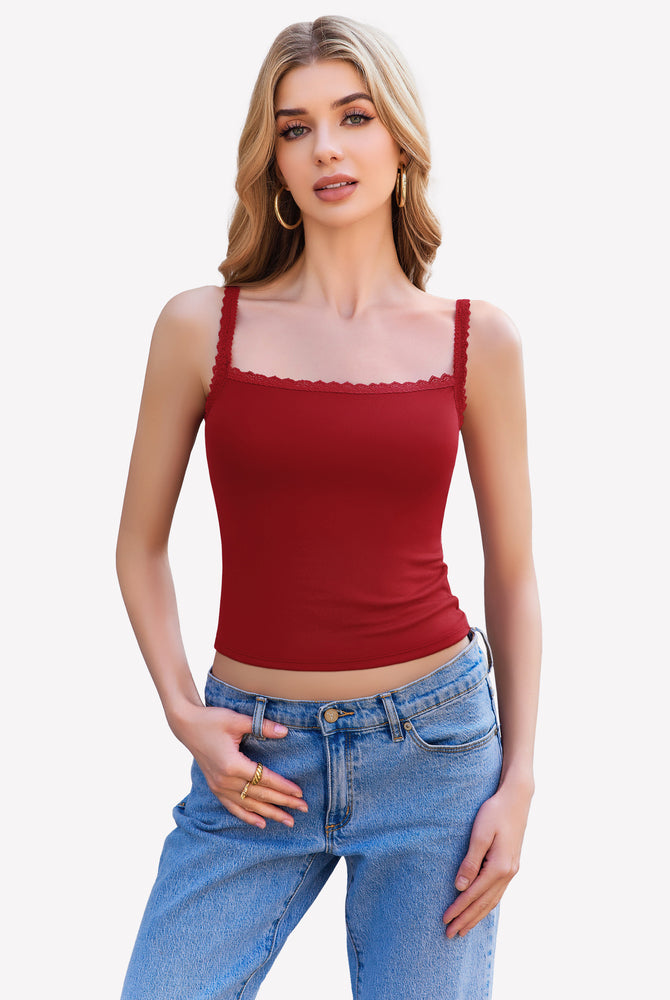 Burgundy Y2k lace trim tank top, square neck undershirt, ideal for date nights and daily wear.