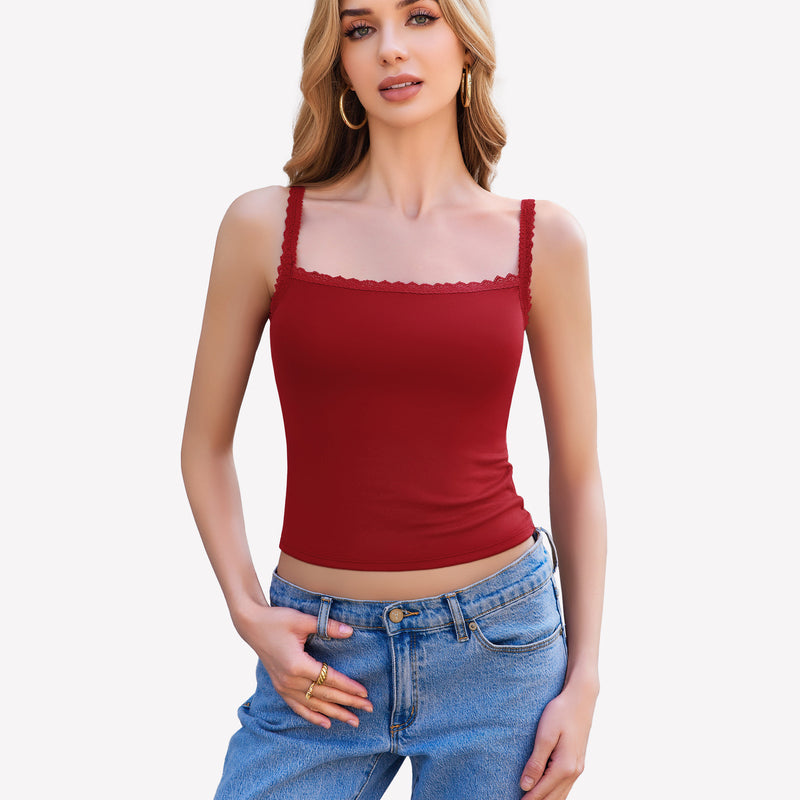 Burgundy Y2k lace trim tank top, square neck undershirt, ideal for date nights and daily wear.