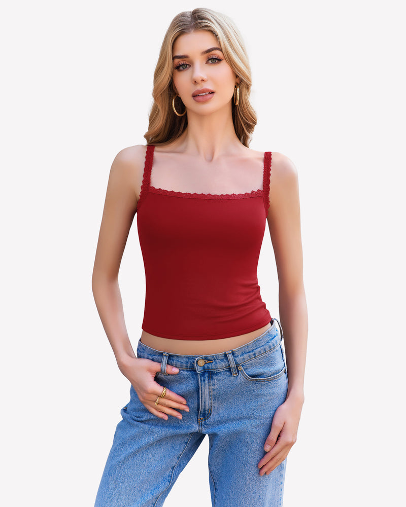 Burgundy Y2k lace trim tank top, square neck undershirt, ideal for date nights and daily wear.