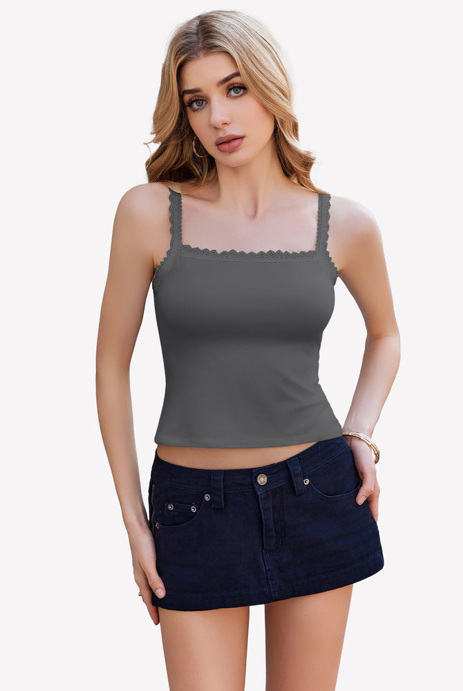 Dark gray Y2k square neck lace trim tank top with lace detail. Ideal for date nights and daily wear.