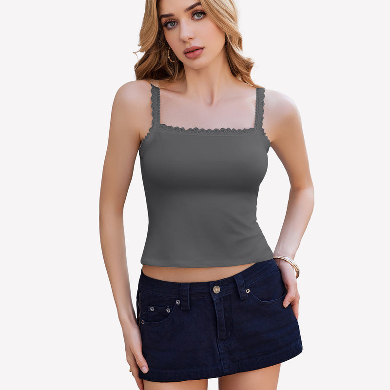 Dark gray Y2k square neck lace trim tank top with lace detail. Ideal for date nights and daily wear.